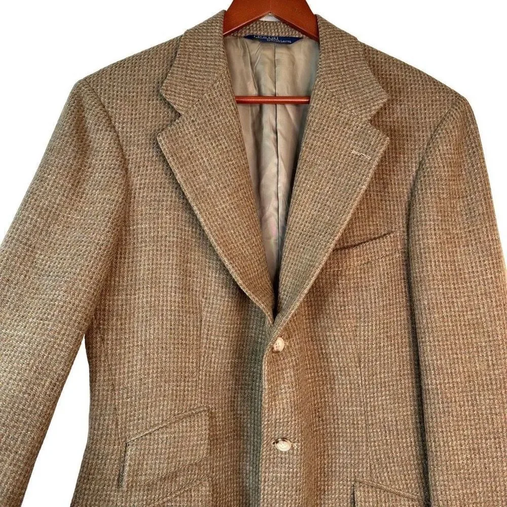 Vintage Polo Ralph Lauren Tan Wool Houndstooth Tweed Blazer Men’s 40L Union Made